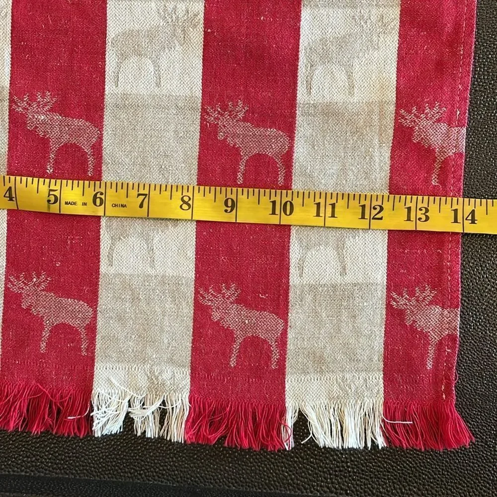 Linen Tablerunner Reindeer woven fabric red/ natural